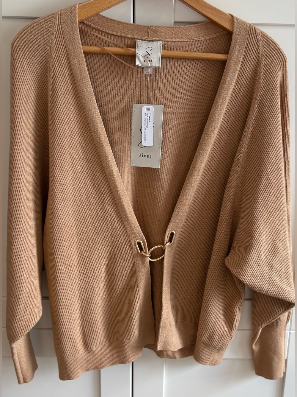SIONI LARGE BUCKLE CLOSURE RIB KNIT CARDIGAN IN HEATHER CAMEL NEW NWT "SO SOFT"